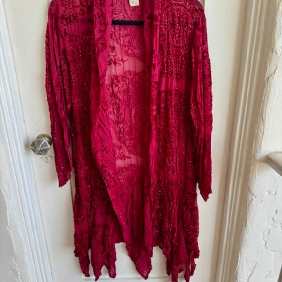 VINTAGE ROSE Stevie Nicks style Sheer Red Burnout Velvet Beaded KimonoCoat - Picture 3 of 9